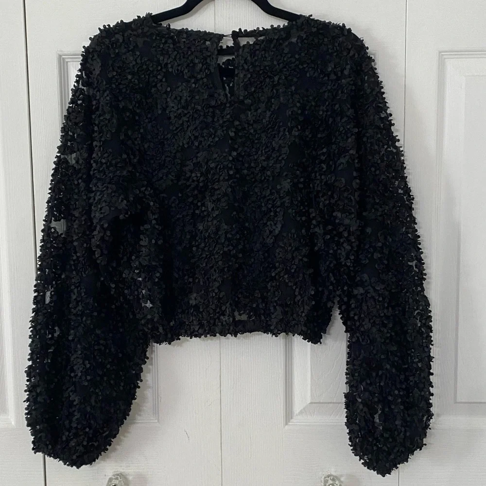 Zara Black Textured Sheer Long-Sleeve Top